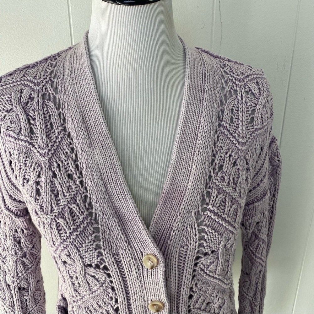SUNDANCE Lilac Purple Aveline Casual Cotton Crochet Boho Cardigan Lilac Sz XS - Picture 3 of 9